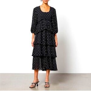 NWT Ganni Women's Black Pleated Georgette Midi Dress